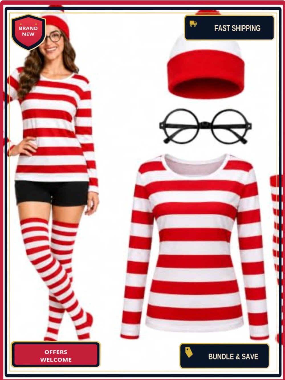 4-Piece Halloween Costume Set Striped Shirt Socks Beanie Glasses Women